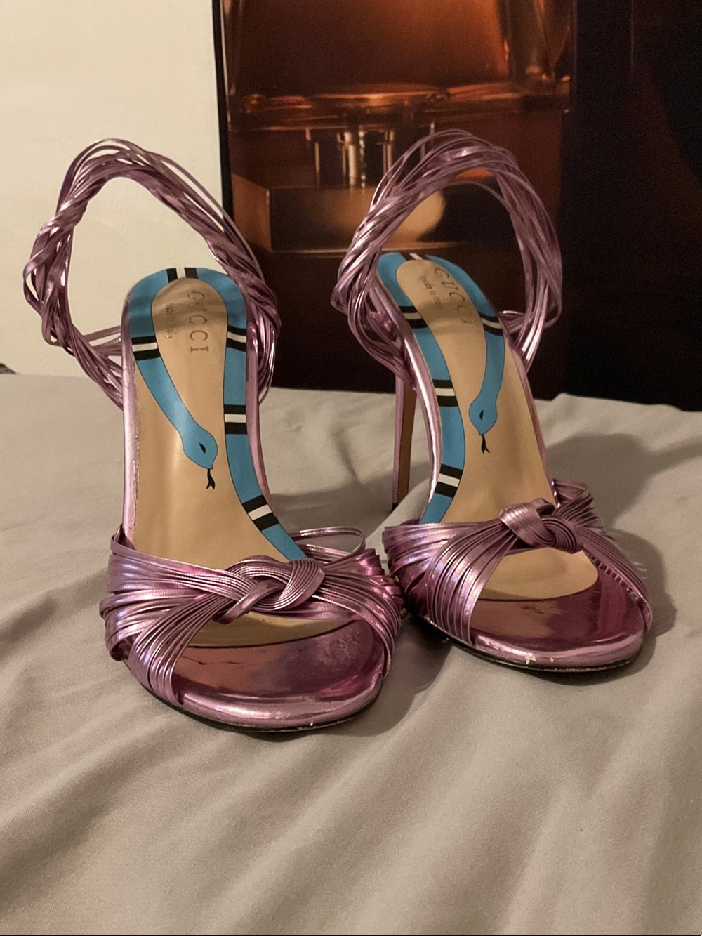 Gucci Metallic Lavender Braided Knot High Heel Sandals